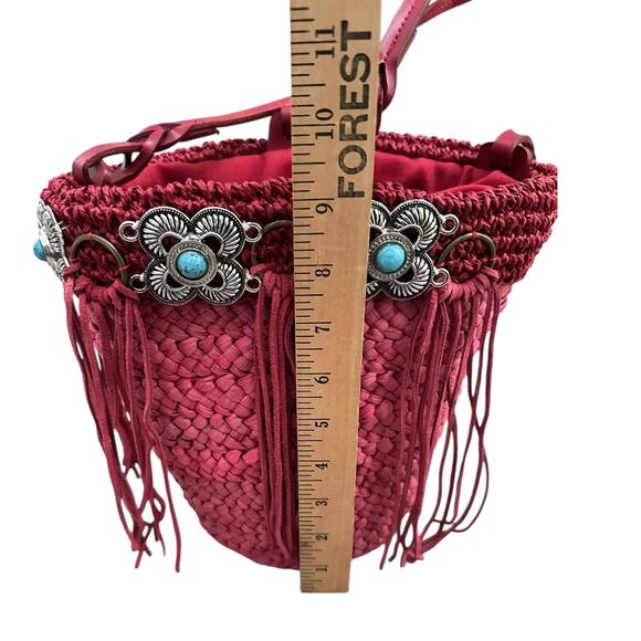 Boho Red Woven Bucket Bag Fringe Western Concho Beaded Shoulder Purse 10x7 - Picture 10 of 12